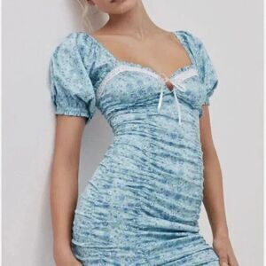 For Love & Lemons Blue Floral Alana Ruched Mini Dress | Bodycon Puff Sleeves